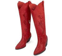 MISSMILLER Women's Embroidered Wide Calf Western Cowgirl High Knee Boots Pull On Pointed Toe Cowboy Tall Boots for Ladies, Red&rhinestone, 7 UK