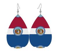Missouri State Flag Women's Teardrop Leather Earrings, Hook 925 Silver Plated, Holiday Accessories