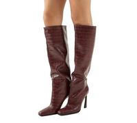 MissPap Faux Croc Leather High Flared Stiletto Heel Knee Boots, 4, Burgundy
