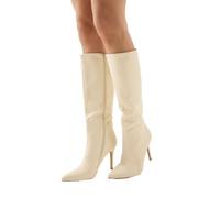 MissPap Faux Leather Pointed High Stiletto Heel Knee Boots, 7, Beige