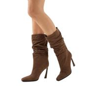 MissPap Faux Suede Ruched Square Toe High Flared Stiletto Calf Boots, 8, Brown