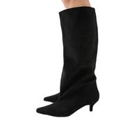 MissPap Low Stiletto Faux Suede Slouch Knee High Boots, 4, Black