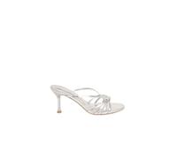 Misspap Silver Faux Metallic Leather Strappy Stiletto Heeled Mules, 7, Silver