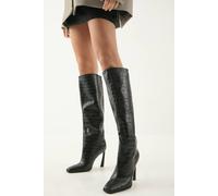 MissPap Faux Croc Leather High Flared Stiletto Heel Knee Boots, 4, Black