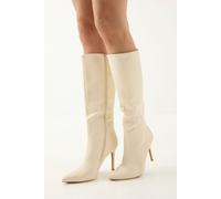 MissPap Faux Leather Pointed High Stiletto Heel Knee Boots, 7, Beige