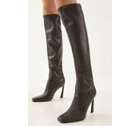 MissPap Women's Faux Leather Stretch Square Toe High Flared Stiletto Heel Over The Knee Boots in Chocolate | Size: 6 MissPap Chocolate 6