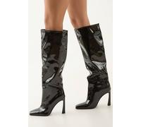 MissPap Faux Patent High Flared Stiletto Heel Knee Boots, 4, True Black