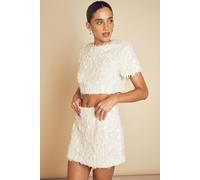 MissPap Women's Textured Fluffy Sequin Mix Crop Top in Cream | Size: 8 MissPap Cream 8