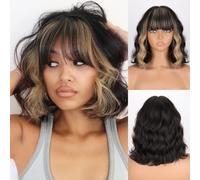 MISSQUEEN Black Mixed Blonde Wig with Bangs,Short Highlights Curly Bob Wig