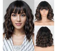 MISSQUEEN Black Mixed Brown Wig Short Wavy Curly with Bangs Shoulder Length Heat Resistant Synthetic Hair Wig for Daily Party (Black)