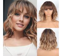 MISSQUEEN Short Blonde Bob Wig for Women - Wavy Brown-Blonde with Bangs, Synthetic Highlighted Wig (Code: B0CC53WNRW)