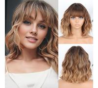 MISSQUEEN Short Blonde Wigs for Women Bob Brown Blonde Mixed Wavy with Bangs Synthetic Natural Wavy Curly Highlighted Blonde Wig for Halloween Daily Wear (Brown A)