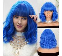 Missqueen Short Dark Blue Wigs with Bangs Synthetic Hair Wigs Shoulder Length Girls Colorful Costume Wigs (Blue)