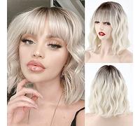 MISSQUEEN Short Platinum Blonde Wavy Wig with Bangs,Dark Roots Short White Blonde Wig for Women,Middle Part Cosplay blonde Wigs Natural Looking for Daily Use