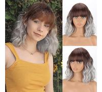 MISSQUEEN Short Silver Ombre Wig for Women Wavy Grey with Bangs Medium Length Synthetic Hair Wavy Wig with Dark Roots Color Grey Wigs