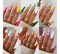 Misssix 6 Packs (144 Pcs) Press on Nails Medium, Coffin Fake Nails Glue on Nails Set with Adhesive Tabs Nail File for Women