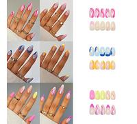 Misssix 6 Packs (144 Pcs) Press on Nails Medium, Short Fake Nails Glue on Nails Almond Set with Adhesive Tabs Nail File for Women (G4), 24 Count (Pack of 6)