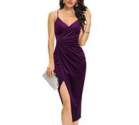 Missufe Women's Sleeveless Spaghetti Strap V Neck Party Cocktail Ruched Slit Midi Velvet Wrap Dress, Dark Purple, M