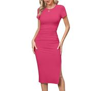 Missufe Women's Summer Dress Midi Dress Casual Dress Bodycon with Slit Tight Pencil Dress Short Sleeve Bodycon Ruffled T-Shirt Dresses, Rose Red, S
