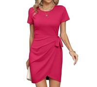 Missufe Women's Wrap Dress Summer Dress Mini Dress Casual Dress T Shirt Tight Bodycon Short Sleeve Ruffled Tie Dress, pink-red, S