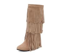MISSUIT Women's Knee High Fringe Boots Suede Layered Tassel Hidden Wedge Boots(Beige,12)