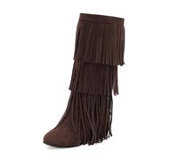 MISSUIT Women's Knee High Fringe Boots Suede Layered Tassel Hidden Wedge Boots(Brown,4)