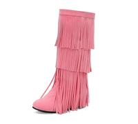 MISSUIT Women's Knee High Fringe Boots Suede Layered Tassel Hidden Wedge Boots(Pink,8.5)