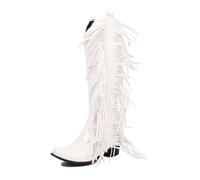 MISSUIT Women's Knee High Fringe Boots Western Side Zip Cowgirl Cowboy Boots(White,2)