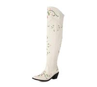 MISSUIT Women's Over the Knee Cowboy Boots with Floral Embroidery Western Cowgirl Boots(Beige,7)