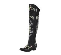 MISSUIT Women's Over the Knee Cowboy Boots with Floral Embroidery Western Cowgirl Boots(Black,7)
