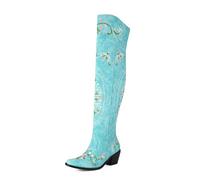 MISSUIT Women's Over the Knee Cowboy Boots with Floral Embroidery Western Cowgirl Boots(Blue,7)