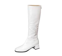 MISSUIT Women's Patent Leather Knee High Boots Block Heel Zip Tall Boots(White,4.5)