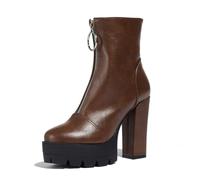 MISSUIT Women's Platform Ankle Boots Chunky Block Heel Metal Ring Goth Boots(Brown,6)