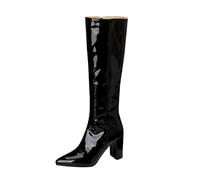MISSUIT Women's Pointed Toe Knee High Boots Block Heel Patent Leather Zip Tall Long Boots(Black,1.5)