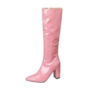 MISSUIT Women's Pointed Toe Knee High Boots Block Heel Patent Leather Zip Tall Long Boots(Pink,4)