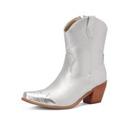 MISSUIT Women's Western Cowboy Boots with Silver Metal Toe Cap Block Mid Heel Ankle Boots(Silver,10.5)
