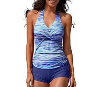 MISSVOG Women Two Piece Tankini Halter Padded Adjustable Drawstring Swimsuit with Boyshorts, Blue Water Wave, X-Large