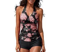 MISSVOG Women Two Piece Tankini Halter Padded Adjustable Drawstring Swimsuit with Boyshorts, Floral Print, Medium