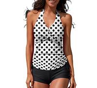 MISSVOG Women Two Piece Tankini Halter Padded Adjustable Drawstring Swimsuit with Boyshorts, Polka Dot, X-Large