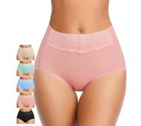 MISSWHO Women's High Waisted Cotton Underwear Soft Breathable Full Coverage Stretch Briefs Ladies Panties 5-Pack, Black, Blue, Green, Nude, Pink-5 Pack, 3XL