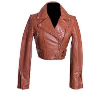 Missy Tan Cropped Ladies Women's Biker Style Double Breasted Retro Designer Real Soft Washed Lambskin Leather Fashion Short Jacket (Sizes: 8 to 22 Available) (Size: 18)