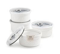 MISSYSSIM 9 oz Ramekins with Lids, Creme Brulee Ramekins Oven Safe, Small Ceramic Serving Bowls, White Custard Cups for Baking, Dipping Sauce Cups, Pinch Bowls Ideal for Birthday Party, Set of 4