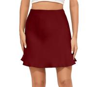 Mist Azur Women's Elegant Silky Satin Mini Skirt High Waist Bias Cut Short Skirt Leopard Print Mini A Line Skirts for Women, Burgundy, L