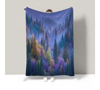 Mist shrouded the pine forest Flannel Blanket,Soft Fleece Throw with Misty Forest Print,Reversible Design with Solid Colour Back,Cozy Warm Blanket for All Seasons,Ideal for Sofa or Camping,260x220cm