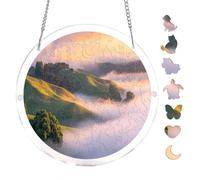 Mist Sunrise Hills Trees Landscape Acrylic Round Puzzle 7.8x7.8Inch Wall Art | Creative Home Accent with Visual Appeal