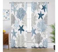 Mistela Coastal Kitchen Curtains for Windows - Ocean Beach Nautical Blackout Eyelet Curtain 54 Drop, Short Curtain for Bedroom, W46 X D54, 2 Panels Starfish Patterned Curtains