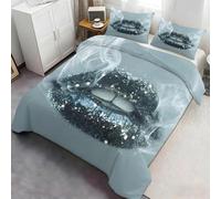 Misty Blue Glitter Smoke Lip Duvet Cover Set, 3-Piece Soft Bedding with Pillowcases, Cool Glam Lip Print Bedroom Decor 135x200cm