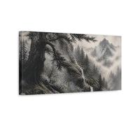Misty Cedar Mountain Waterfall Canvas Print Wall Art - Living Room Decor, Above Console Table 20×10 inch (50×25 cm) - Horizontal / 1.25 inch (3 cm)