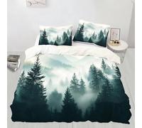 Misty Forest Bedding Set, Natural Landscape Soft and Comfortable Microfiber Duvet Cover, Green Woods Duvet Cover with Zipper + 2 Pillowcases (220x260cm)