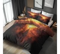 Misty Forest Double Bed Duvet Cover Set 3 Piece with 2 Pillowcases, Sunset Woodland Tree Trees Patterned Bedroom Decor Bedding, Soft Microfibre Quilt Cover with Zip PE-48